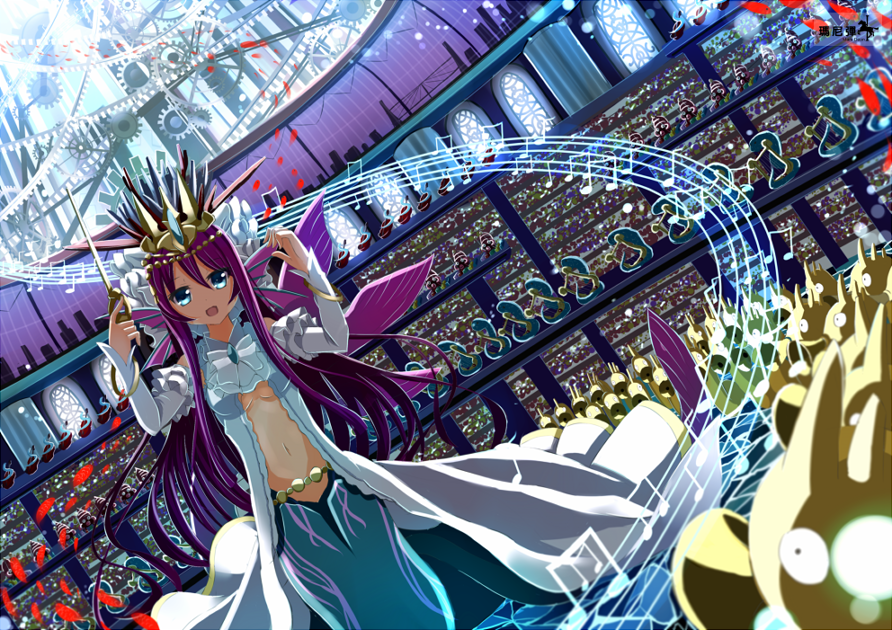 1girl band bangle baton blue_eyes blurry bracelet breasts cleavage conductor coral crowd depth_of_field detached_sleeves eel fish frills gears ginhaha hair_ornament harp head_fins hermit_crab instrument jewelry long_hair long_sleeves mermaid monster_girl musical_note navel open_mouth orchestra purple_hair puzzle_&amp;_dragons seahorse siren_(p&amp;d) solo stadium staff_(music) tiara trumpet underwater very_long_hair violin