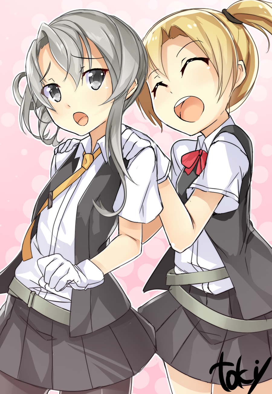2girls ^_^ asymmetrical_hair bangs blonde_hair bowtie closed_eyes collared_shirt flipped_hair gloves grey_eyes grey_skirt hands_on_another's_shoulders highres kantai_collection maikaze_(kantai_collection) multiple_girls necktie nowaki_(kantai_collection) open_clothes open_mouth open_vest pantyhose pleated_skirt ponytail school_uniform short_hair short_ponytail silver_hair skirt swept_bangs tie_clip toki/ vest white_gloves