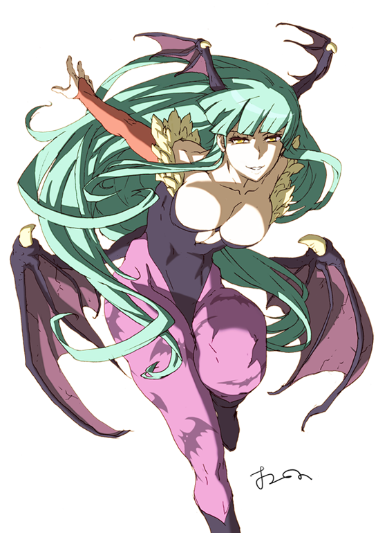 1girl bare_shoulders bat_print bat_wings breasts bridal_gauntlets darkstalker demon_girl elbow_gloves gloves green_hair head_wings leotard long_hair morrigan_aensland oono_tsutomu pantyhose print_legwear solo succubus wings yellow_eyes