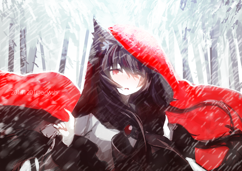 1girl animal_ears blush brooch brown_hair bust check_translation clothes_grab commentary_request dated fingernails hood imaizumi_kagerou jewelry long_sleeves one_eye_closed parted_lips red_eyes snow snowing snowstorm solo suzki00 tail touhou translation_request tree twitter_username wide_sleeves wind wolf_ears wolf_tail