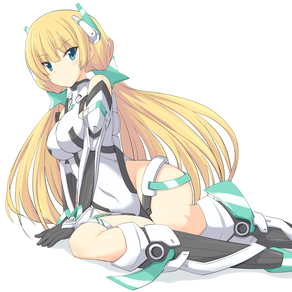 1girl angela_balzac bare_shoulders blonde_hair blue_eyes blush body_blush breasts covered_navel expelled_from_paradise headgear impossible_clothes impossible_leotard kugui_kiyunemu leotard long_hair shadow simple_background sitting solo twintails very_long_hair white_background yokozuwari