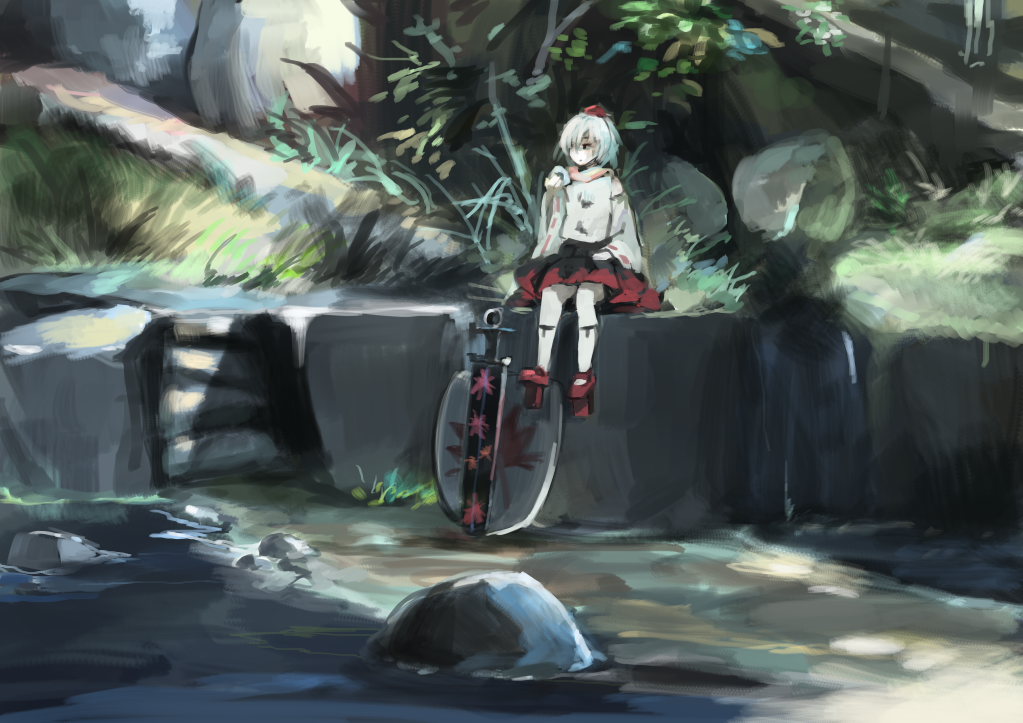 1girl food geta hat ichiba_youichi inubashiri_momiji long_sleeves onigiri river rock shield shirt silver_hair sitting skirt solo sword tokin_hat touhou weapon wide_sleeves