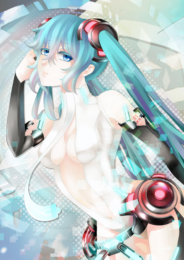 1girl aqua_hair blue_eyes breasts cleavage cowboy_shot detached_sleeves hatsune_miku long_hair miku_append navel solo tattoo twintails very_long_hair vocaloid vocaloid_append yoneyu