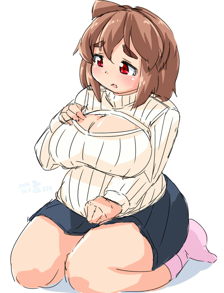 1girl blush breasts brown_hair cleavage cleavage_cutout eno_konoe eyebrows fat large_breasts mikomu miniskirt open-chest_sweater open_mouth original red_eyes ribbed_sweater seiza short_hair sitting skirt socks solo sweater thick_eyebrows thick_thighs thighs turtleneck