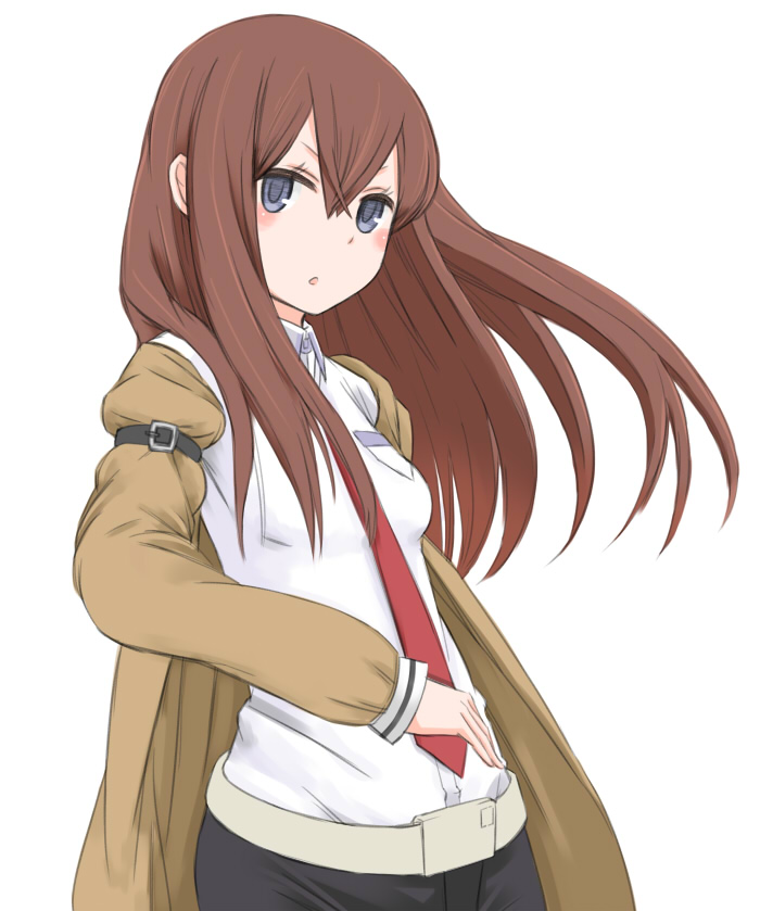 1girl azu_(azusayumix) belt blush brown_hair bust collared_shirt dress_shirt grey_eyes hair_between_eyes jacket long_hair looking_at_viewer makise_kurisu necktie parted_lips shirt simple_background solo steins;gate white_background