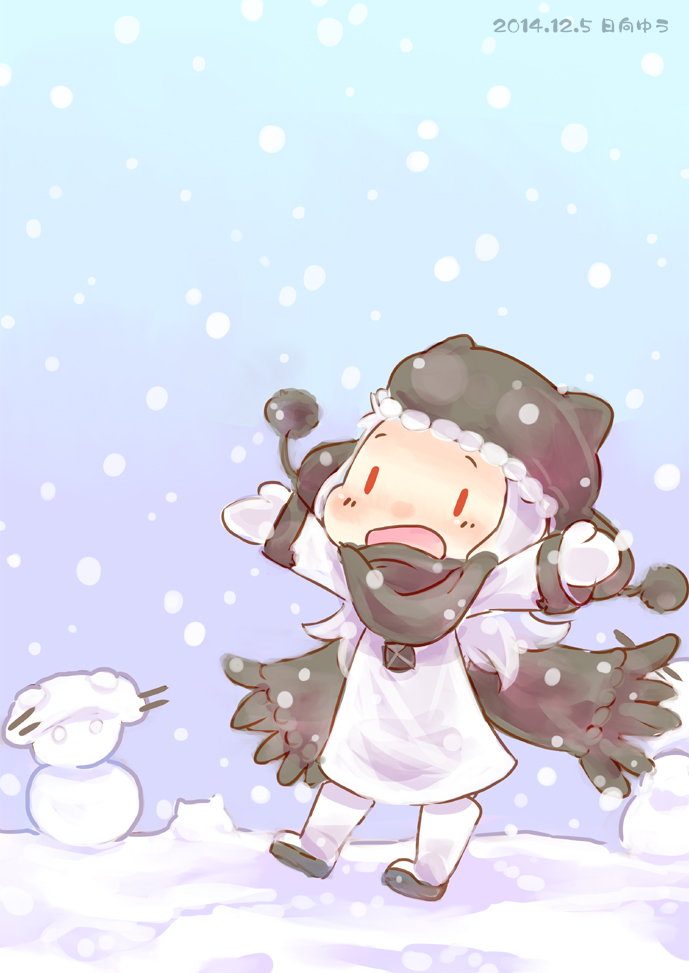 1girl adapted_costume alternate_costume boots hat hinata_yuu kantai_collection long_hair looking_up mittens northern_ocean_hime outstretched_arms pale_skin red_eyes scarf shinkaisei-kan snowing snowman solo spread_arms white_hair wo-class_aircraft_carrier