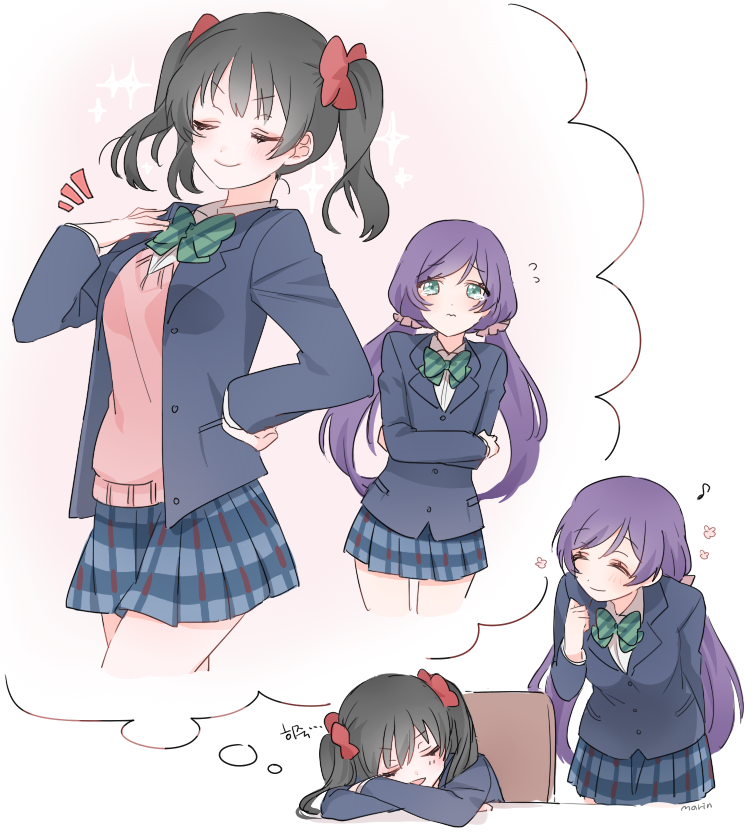 &gt;:) 2girls alternate_breast_size black_hair blush bow breasts checkered checkered_skirt closed_eyes crying crying_with_eyes_open dreaming green_eyes hair_bow long_hair love_live!_school_idol_project marin_(myuy_3) multiple_girls musical_note pleated_skirt purple_hair red_eyes school_uniform skirt sleeping smile sweater tears thought_bubble toujou_nozomi twintails yazawa_nico