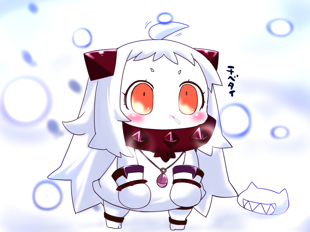 1girl acorn ahoge chibi commentary_request dress horns jewelry kantai_collection long_hair looking_at_viewer mittens northern_ocean_hime pendant red_eyes sako_(bosscoffee) shinkaisei-kan snowing translation_request white_dress white_hair white_skin