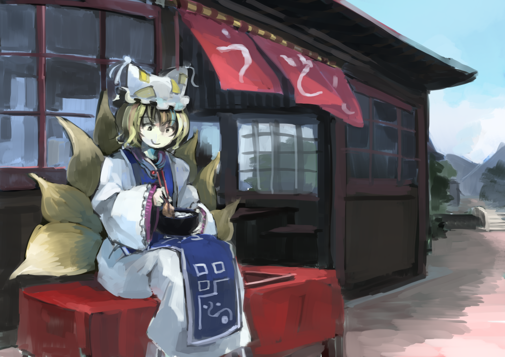 1girl animal_ears blonde_hair bowl building chopsticks dress food fox_ears fox_tail hat ichiba_youichi long_sleeves mob_cap multiple_tails short_hair sitting smile solo tabard tail touhou white_dress wide_sleeves yakumo_ran yellow_eyes