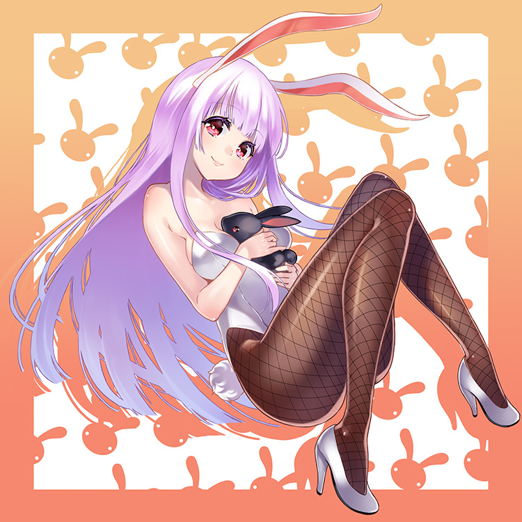 1girl alternate_costume animal_ears bare_shoulders between_breasts blush breasts bunny_girl bunny_tail bunnysuit cleavage fishnet_pantyhose fishnets high_heels kyon_(fuuran) large_breasts leotard long_hair looking_at_viewer pantyhose purple_hair rabbit rabbit_ears red_eyes reisen_udongein_inaba revision smile solo tail thighs touhou