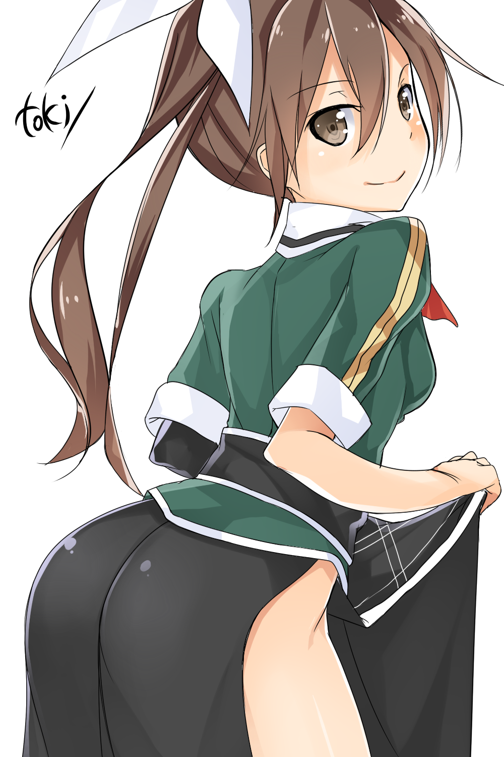 1girl artist_name black_skirt blush brown_eyes brown_hair from_behind hair_ribbon highres kantai_collection looking_at_viewer looking_back military military_uniform ribbon side_slit simple_background skirt skirt_lift smile solo toki/ tone_(kantai_collection) twintails uniform white_background