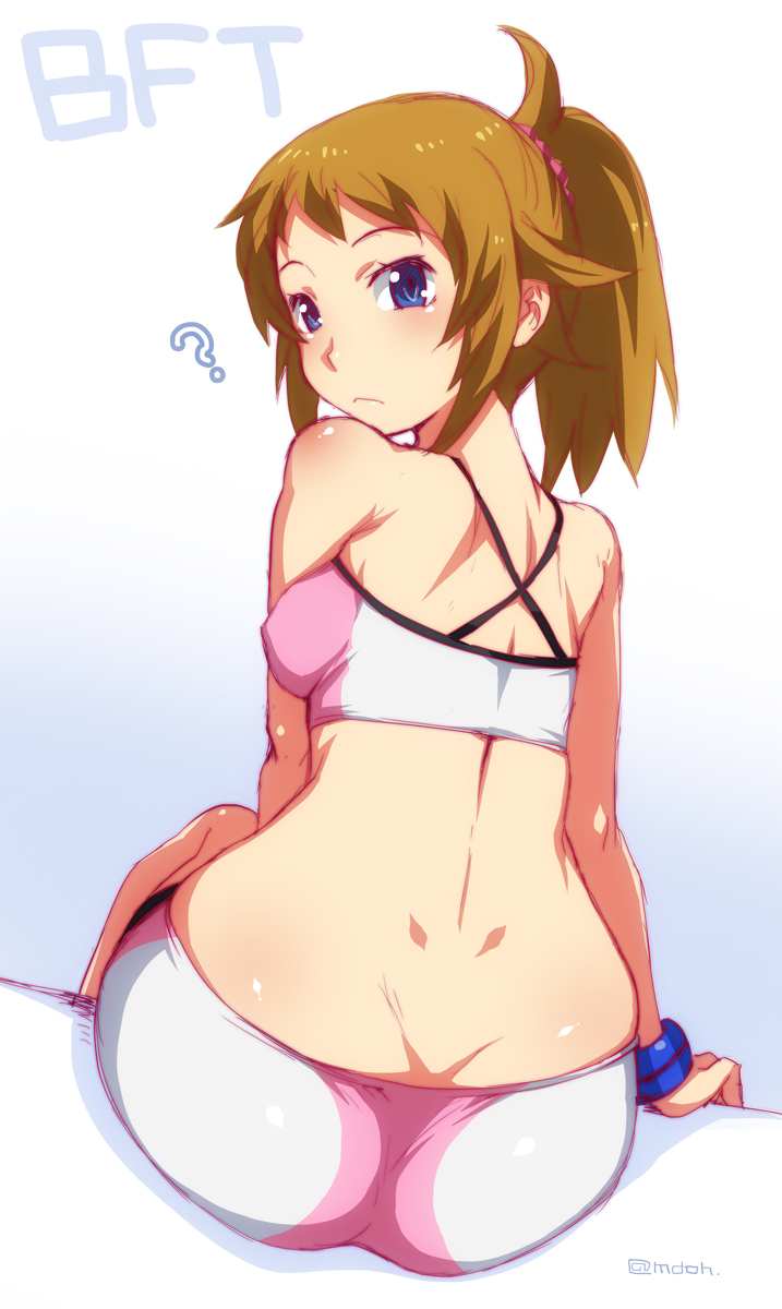 1girl ? ass bare_shoulders bike_shorts blue_eyes breasts brown_hair from_behind gundam gundam_build_fighters gundam_build_fighters_try highres hoshino_fumina looking_at_viewer looking_back mudou_eichi ponytail sideboob sitting solo sports_bra twitter_username