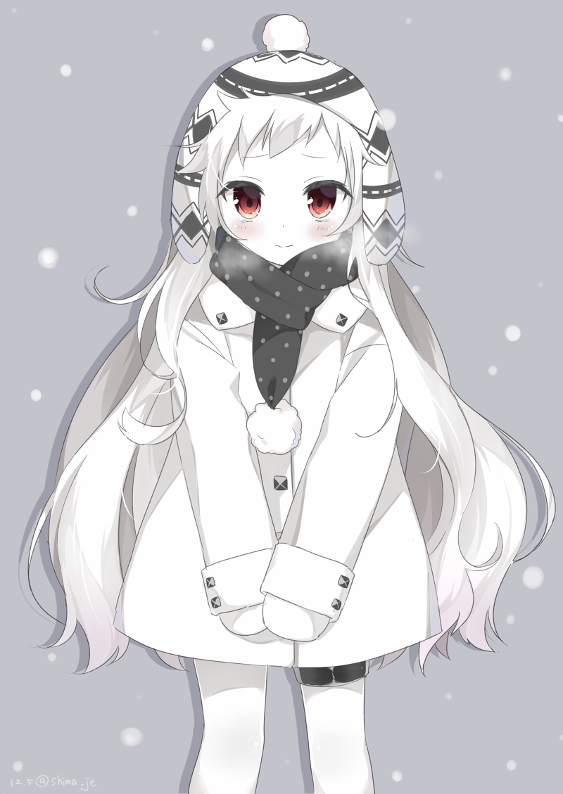 1girl alternate_costume blush coat hat kantai_collection long_hair looking_at_viewer mittens northern_ocean_hime red_eyes scarf shima_(shima_je) shinkaisei-kan simple_background snowing solo v_arms white_hair white_skin