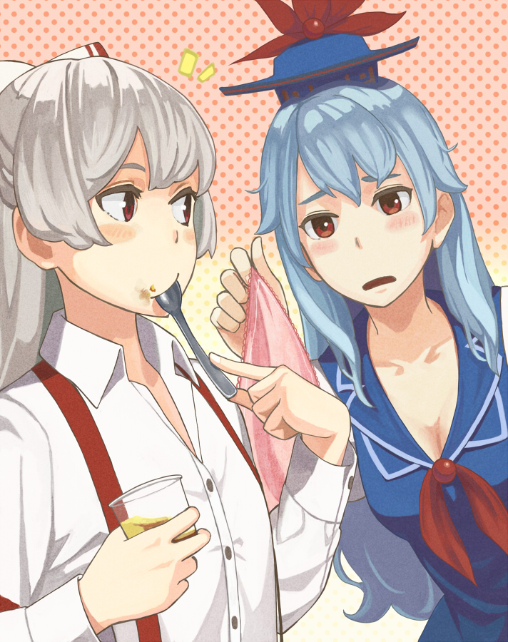 /\/\/\ 2girls blouse blue_hair bow breasts bust cleavage collarbone collared_shirt eating eyebrows food food_on_face fujiwara_no_mokou hair_bow handkerchief hat kamishirasawa_keine long_hair multiple_girls open_mouth p_no_hito polka_dot polka_dot_background pudding red_eyes silver_hair spoon spoon_in_mouth suspenders touhou