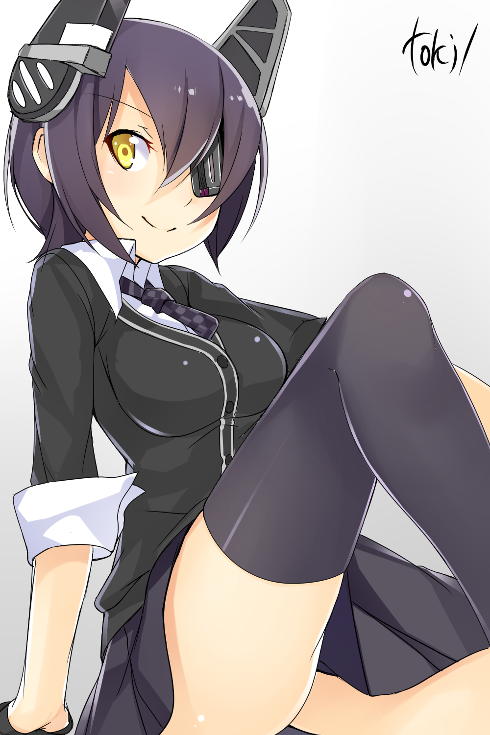 1girl arm_support black_gloves black_legwear cardigan checkered_necktie collared_shirt eyepatch gloves headgear highres kantai_collection looking_at_viewer necktie one_leg_raised purple_hair short_hair simple_background sitting sleeves_rolled_up smile solo tenryuu_(kantai_collection) thigh-highs toki/ white_background yellow_eyes