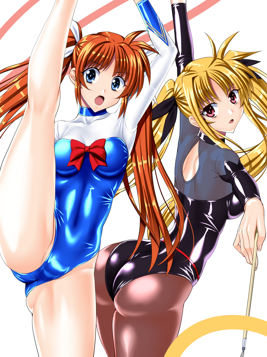 2girls anzu_(onelelee) ass blonde_hair blue_eyes bow breasts brown_hair covered_navel fate_testarossa gymnastics highleg highres leg_lift leotard long_hair looking_at_viewer lyrical_nanoha mahou_shoujo_lyrical_nanoha multiple_girls pantyhose red_eyes skin_tight takamachi_nanoha twintails