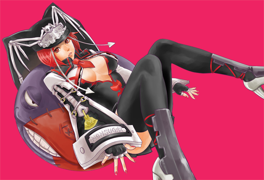 1girl antennae black_legwear black_skirt bone breasts center_opening cleavage creature guilty_gear guilty_gear_2 hat jester_cap lips long_sleeves lying miniskirt necktie on_back open_clothes parted_lips peperonchiino_takuma pink_background realistic red_eyes redhead short_hair simple_background skirt skull sleeves_past_wrists solo stitches thigh-highs valentine valentine_(guilty_gear)