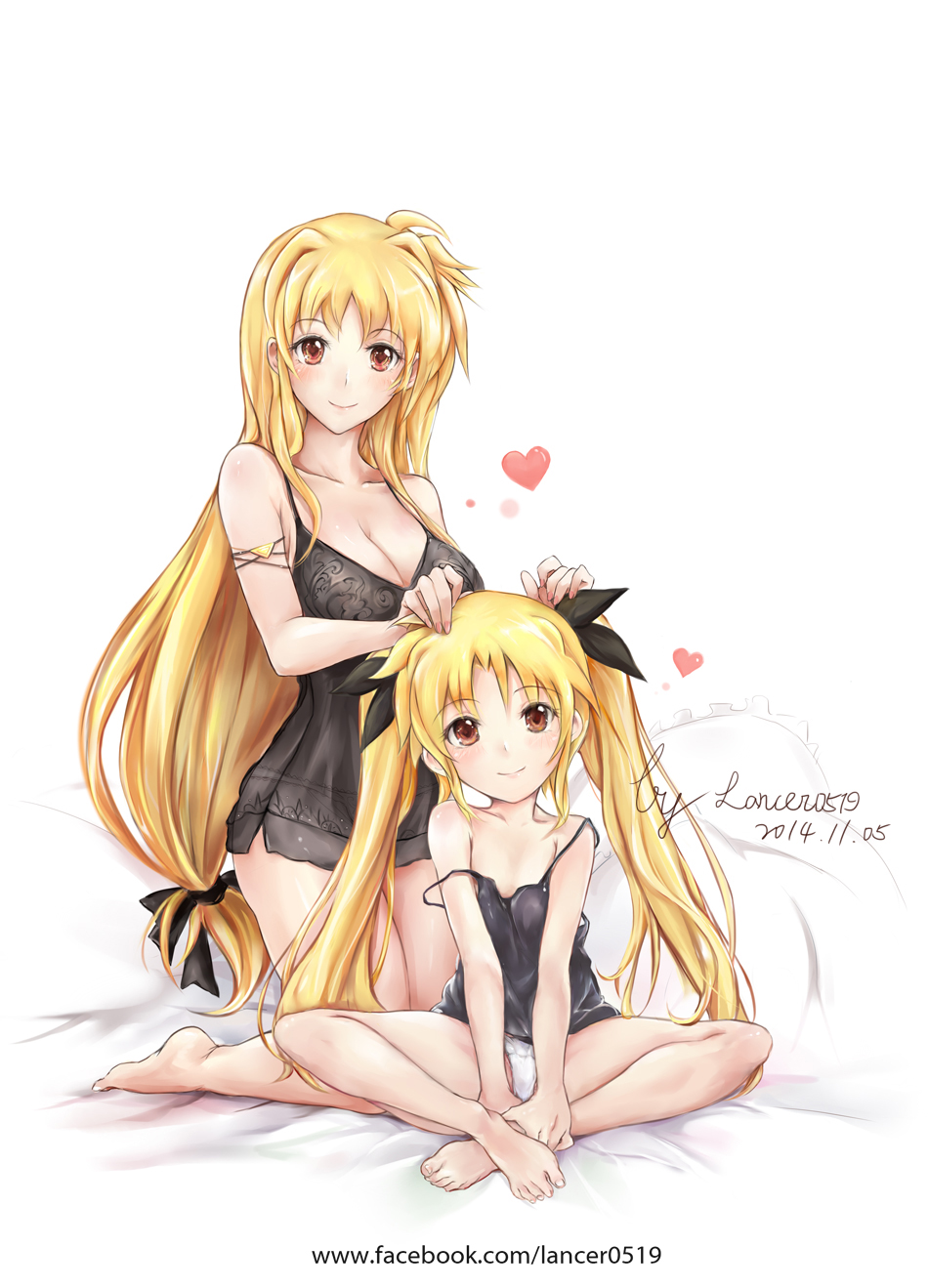 2girls age_difference blonde_hair blush breasts cleavage crossed_legs dual_persona erementa fate_testarossa fate_testarossa_(younger) hand_on_another's_head heart highres kneeling long_hair lyrical_nanoha mahou_shoujo_lyrical_nanoha multiple_girls older pajamas panties smile twintails underwear