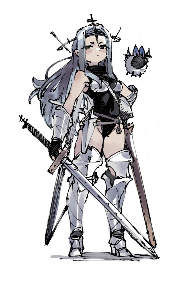 1girl animal armor bare_shoulders bat_(animal) black_leotard blush closed_mouth covered_navel cross dot_mouth fingerless_gloves flying gloves greaves grey_background grey_eyes grey_hair halo hand_on_hip holding holding_sword holding_weapon knight leotard long_hair original pointy_ears sasami_(ki) scabbard sheath short_eyebrows simple_background single_bare_shoulder solo standing sword turtleneck unsheathed vambraces weapon