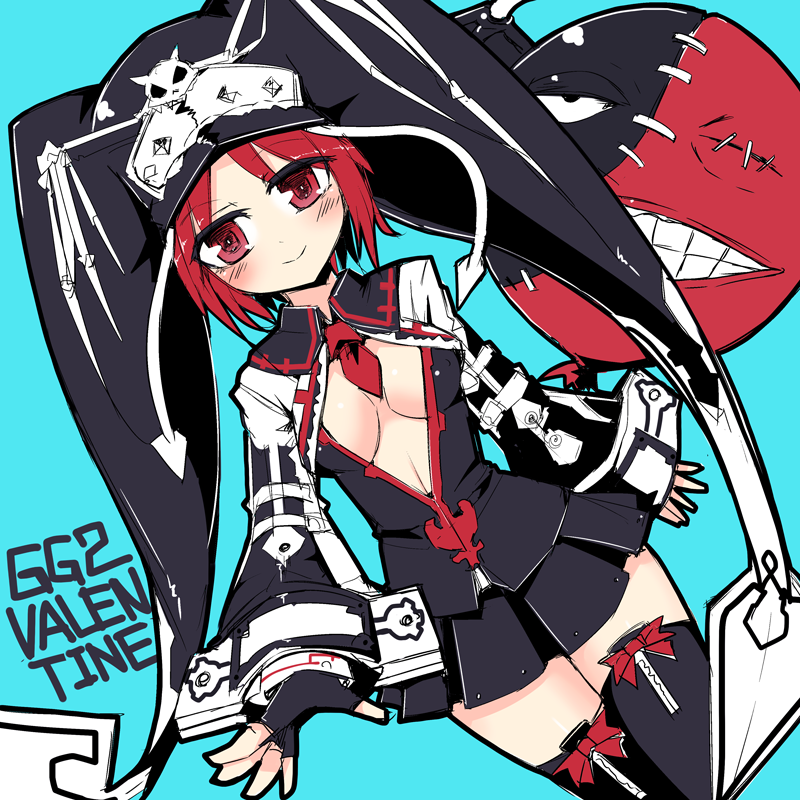 1girl black_gloves black_legwear black_skirt blue_background blush bone breasts center_opening character_name cleavage copyright_name creature fingerless_gloves gloves guilty_gear guilty_gear_2 hat ico_(green_bullet) jester_cap long_sleeves midriff miniskirt necktie open_clothes red_boots red_eyes redhead short_hair simple_background skirt skull smile solo stitches thigh-highs valentine_(guilty_gear) zettai_ryouiki