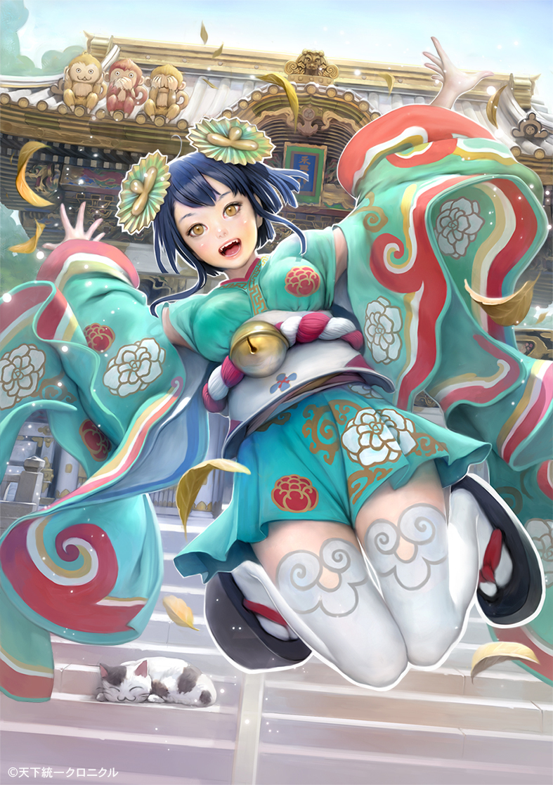 1girl architecture bell blonde_hair blue_hair breasts cat dutch_angle east_asian_architecture jingle_bell jumping looking_at_viewer monkey mujiha_(mlog) official_art open_mouth realistic short_hair_with_long_locks solo tabi tenka_touitsu_chronicle thigh-highs three_wise_monkeys white_legwear
