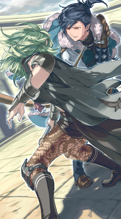 1boy 1girl armor black_cape black_footwear black_legwear black_shorts blue_cape blue_hair blue_sky boots breasts brown_footwear byleth_(fire_emblem) byleth_eisner_(female) cape clouds commentary_request day duel elbow_pads felix_hugo_fraldarius fighting_stance fire_emblem fire_emblem:_three_houses floating_cape floating_hair floor from_behind fur-trimmed_cape fur_trim green_hair hair_bun harusame_(rueken) holding holding_sword holding_weapon knee_boots knee_pads leather_armor legwear_under_shorts long_sleeves looking_at_another medium_breasts medium_hair motion_blur open_mouth orange_eyes pantyhose serious shiny shiny_hair shoes short_hair short_shorts shorts shoulder_armor sky socks standing sunlight sword tied_hair tile_floor tiles tsurime turtleneck vambraces weapon wooden_sword