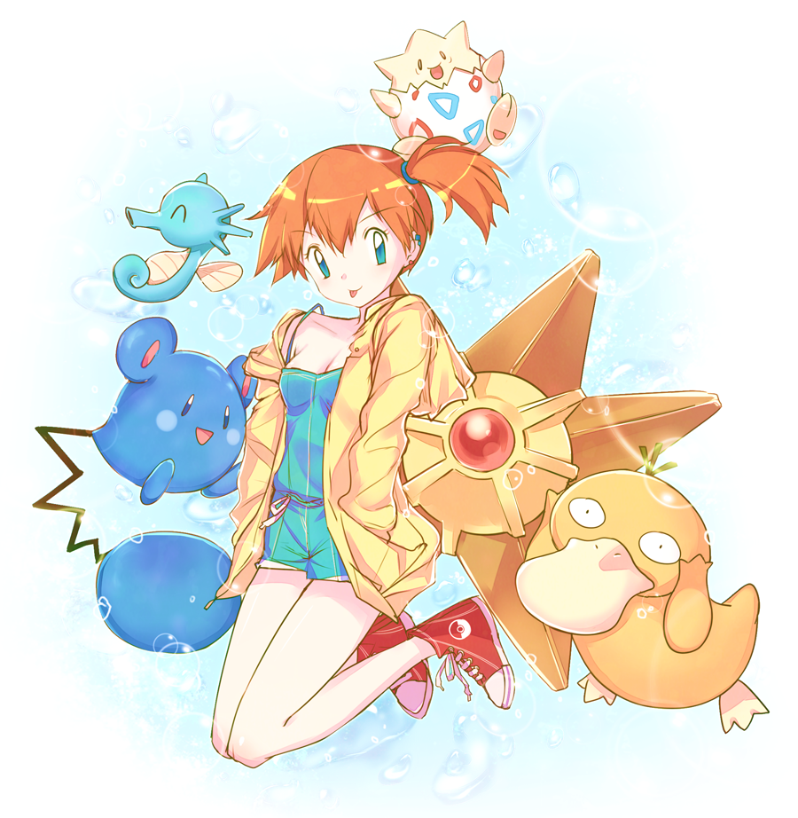 1girl :p azurill bare_legs blue_eyes breasts bubble_background cleavage earrings hands_in_pockets hoodie horsea jewelry joypyonn kasumi_(pokemon) off_shoulder open_clothes open_hoodie orange_hair pokemon pokemon_(anime) pokemon_(creature) psyduck shoes short_hair shorts side_ponytail smile staryu tank_top togepi tongue tongue_out