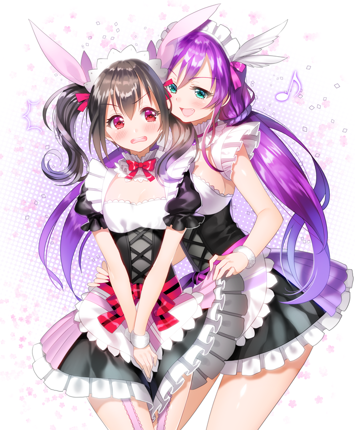 2girls :d aile_(crossroads) aqua_eyes arm_around_waist black_hair blush breasts cowboy_shot fang flat_chest garter_straps hair_ribbon love_live!_school_idol_project low_twintails maid maid_headdress mogyutto_"love"_de_sekkin_chuu! multiple_girls musical_note open_mouth purple_hair red_eyes ribbon skirt smile toujou_nozomi twintails v_arms yazawa_nico