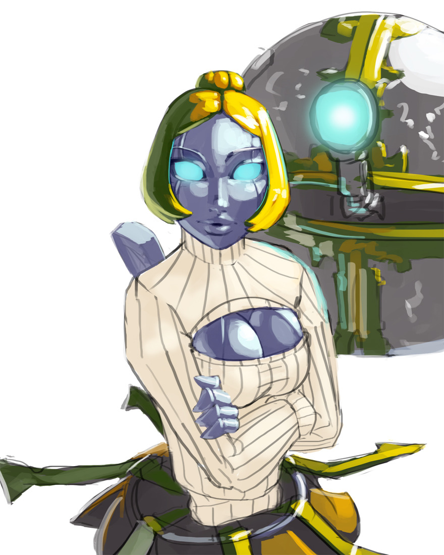 1girl aka6 bangs blonde_hair blue_eyes bob_cut breasts cleavage cleavage_cutout crossed_arms glowing glowing_eyes grey_skin hair_bun league_of_legends lips no_pupils nose open-chest_sweater orianna_reveck parted_bangs ribbed_sweater robot robot_girl short_hair solo sweater turtleneck