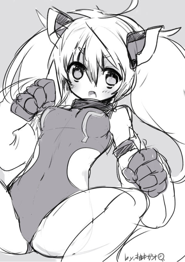 1girl ahoge armlet artist_name blush character_request copyright_request covered_navel fang gloves greyscale hair_ornament leotard long_hair monochrome open_mouth solo spread_legs twintails yuzuki_gao