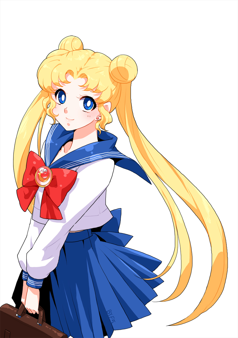 1girl bag bishoujo_senshi_sailor_moon blonde_hair blue_eyes deyezi double_bun long_hair school_uniform serafuku skirt smile solo tsukino_usagi twintails