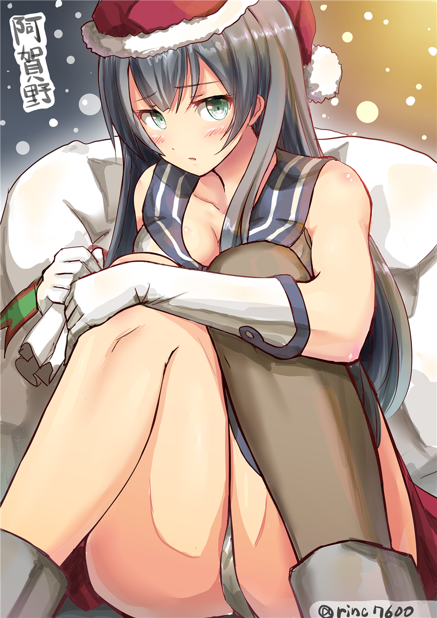 1girl agano_(kantai_collection) aqua_eyes black_hair black_legwear blush breasts character_name collarbone feesu_(rinc7600) gloves hat highres kantai_collection long_hair looking_at_viewer panties santa_hat school_uniform single_thighhigh sitting snow solo thigh-highs twitter_username underwear white_gloves white_panties