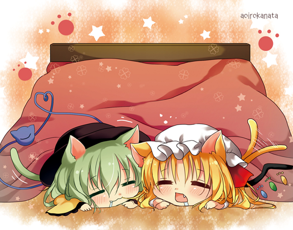 2girls :3 animal_ears blonde_hair blush cat_ears cat_tail drooling fang flandre_scarlet green_hair hair_in_mouth hat irotani_asuka kemonomimi_mode komeiji_koishi kotatsu lying multiple_girls on_stomach open_mouth paw_print star table tail tail_wagging third_eye touhou under_kotatsu under_table wings