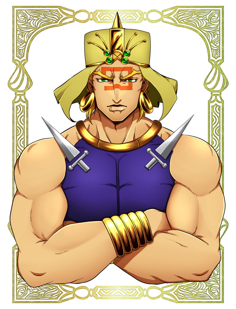 1boy blonde_hair bracelet crossed_arms dagger earrings facial_mark fooooota highres jewelry jojo_no_kimyou_na_bouken lip_piercing manly muscle piercing solo turban wamuu weapon