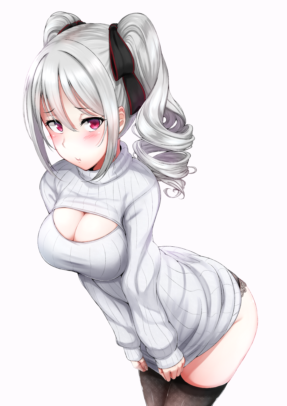 1girl black_legwear black_panties blush breasts cleavage cleavage_cutout drill_hair highres idolmaster idolmaster_cinderella_girls kanzaki_ranko lace-trimmed_panties large_breasts long_hair looking_at_viewer oogatazin open-chest_sweater panties red_eyes ribbed_sweater silver_hair simple_background solo sweater thigh-highs turtleneck twintails underwear white_background