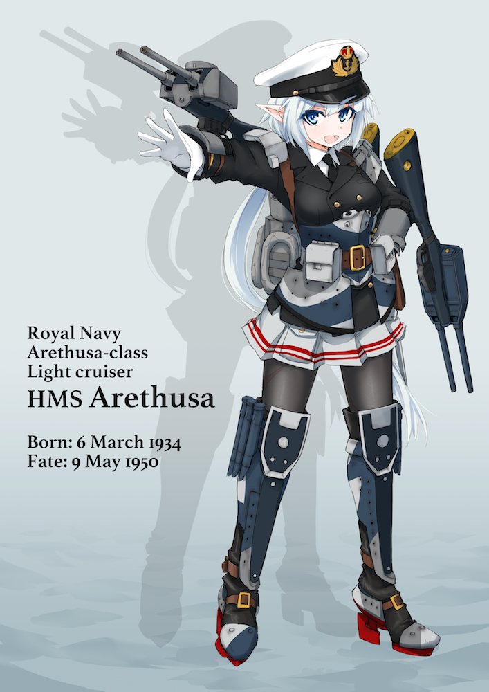 1girl black_legwear blue_eyes blue_hair boots character_name double-breasted eyebrows full_body hand_on_hip hat hms_arethusa_(26) jacket long_hair long_sleeves machinery military military_uniform miniskirt necktie ogitsune_(ankakecya-han) open_mouth original outstretched_arm pantyhose peaked_cap personification pointy_ears royal_navy silhouette skirt smile solo turret uniform united_kingdom