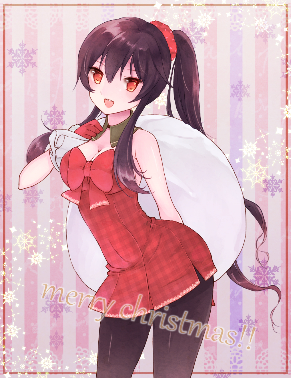 1girl alternate_costume arm_behind_back bare_shoulders black_hair black_legwear breasts christmas detached_collar dress gloves hair_ornament high_ponytail highres kantai_collection long_hair looking_at_viewer merry_christmas nagidango over_shoulder pantyhose red_bow red_dress red_eyes red_gloves sack snowflakes solo strapless_dress vertical-striped_background yahagi_(kantai_collection)