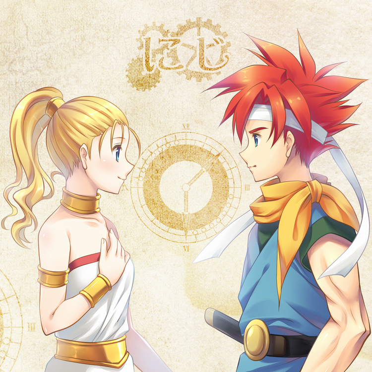 2boys blonde_hair blue_eyes chrono_trigger crono headband long_hair marle minakami_nagara multiple_boys ponytail redhead smile