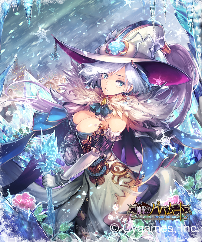 1girl blue_eyes breasts cape cleavage copyright_name cowboy_shot elbow_gloves fur_trim gloves hat ice icicle khanshin looking_at_viewer shingeki_no_bahamut short_hair silver_hair snowflakes snowing solo tattooed_breast witch_hat