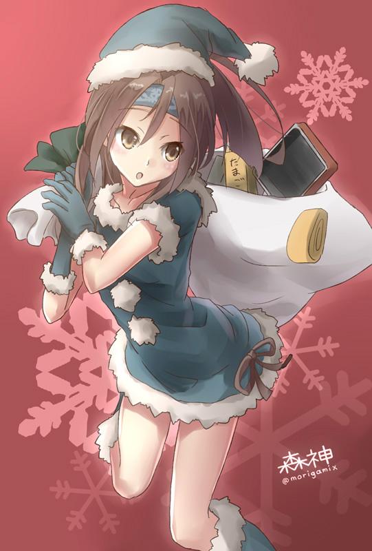 1girl alternate_costume brown_eyes brown_hair d-style_wed gloves hairband hat kantai_collection open_mouth sack santa_costume santa_hat solo zuihou_(kantai_collection)