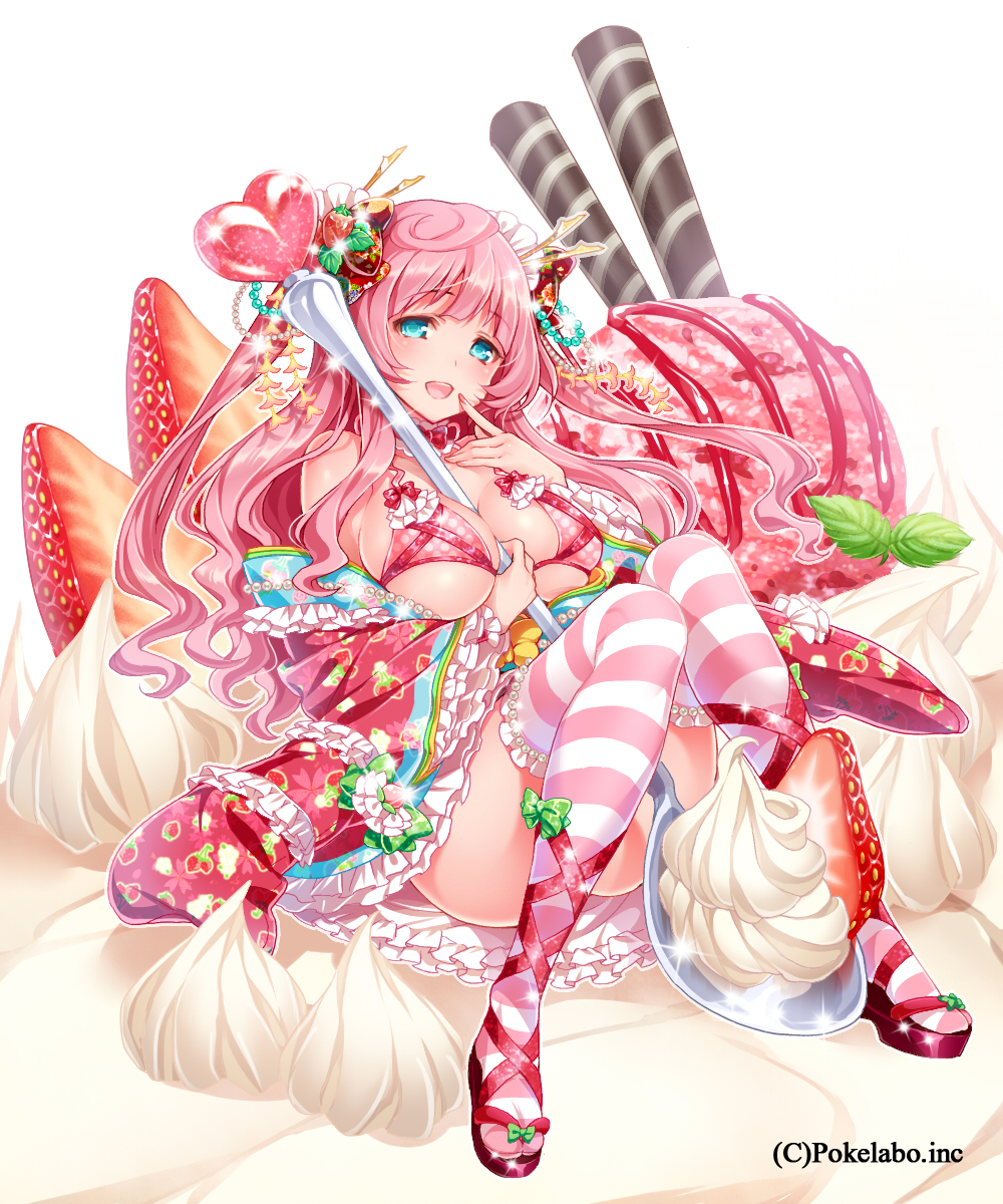1girl akira_(natsumemo) between_breasts bikini_top blue_eyes blue_hair bow breasts dessert finger_to_mouth food food_as_clothes food_themed_clothes frills fruit hair_bow highres ice_cream japanese_clothes large_breasts long_hair official_art open_mouth original oversized_object pink_hair sengoku_gensoukyoku simple_background sitting smile solo sparkle spoon strawberry striped striped_legwear thigh-highs whipped_cream white_background