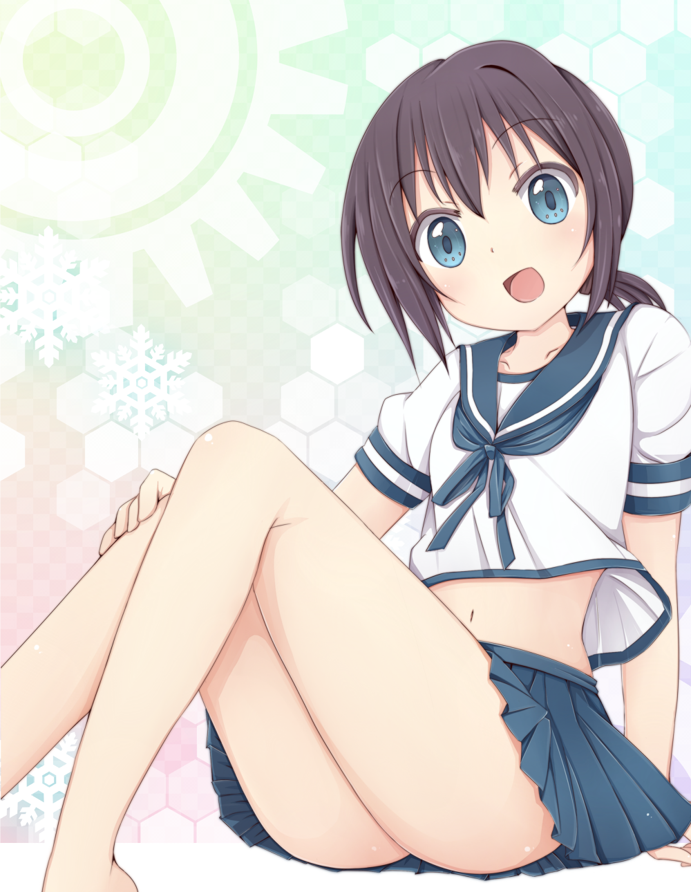 1girl :d arm_support bare_shoulders black_hair blouse blue_eyes blue_skirt codemofel crop_top crop_top_overhang fubuki_(kantai_collection) gradient gradient_background hand_on_leg highres honeycomb_background kantai_collection legs_together midriff miniskirt neckerchief open_mouth pleated_skirt ponytail puffy_short_sleeves puffy_sleeves sailor_collar school_uniform serafuku short_hair short_ponytail short_sleeves sitting skirt smile snowflakes solo