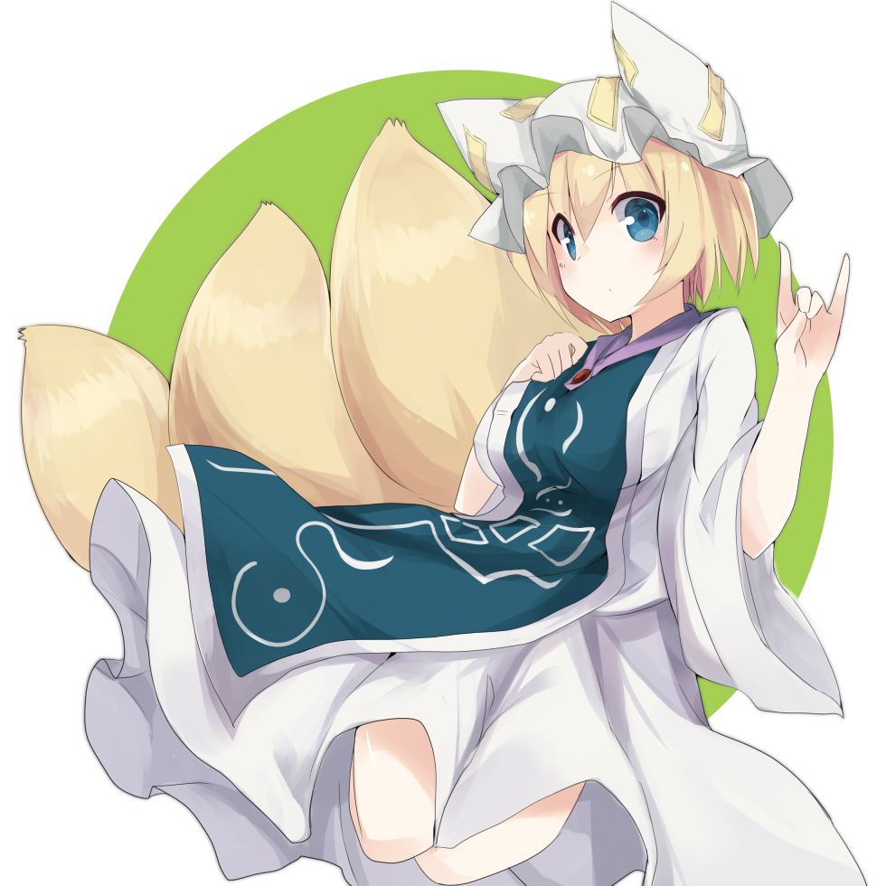 1girl aqua_eyes blonde_hair dress fox_tail hat hat_with_ears long_sleeves looking_at_viewer multiple_tails pose sakaki_(utigi) solo tabard tail touhou white_dress wide_sleeves yakumo_ran