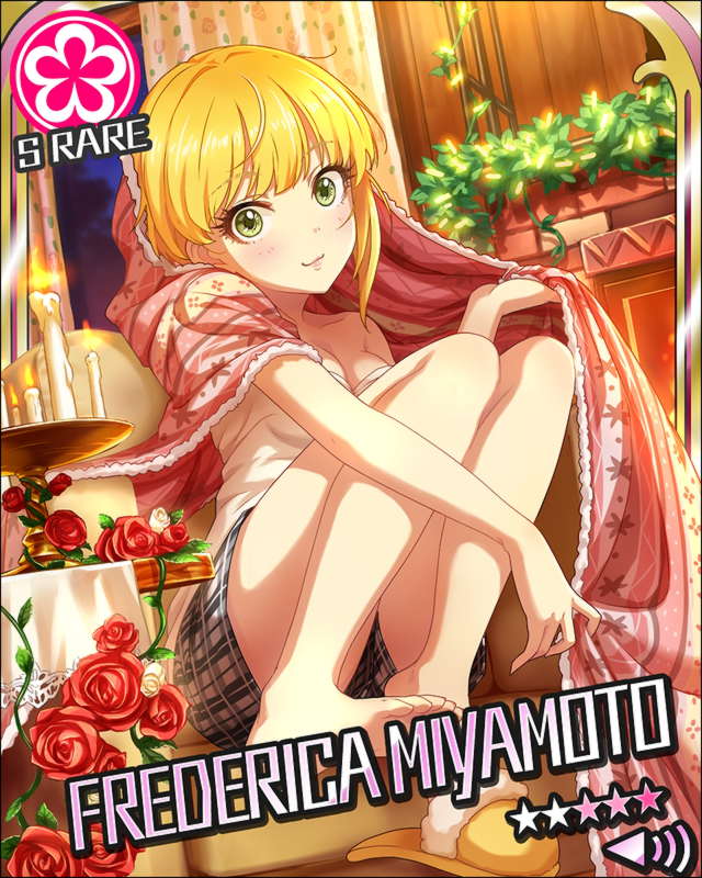 barefoot blonde_hair blush character_name dress flower green_eyes idolmaster idolmaster_cinderella_girls! miyamoto_frederica short_hair sofa stars towel