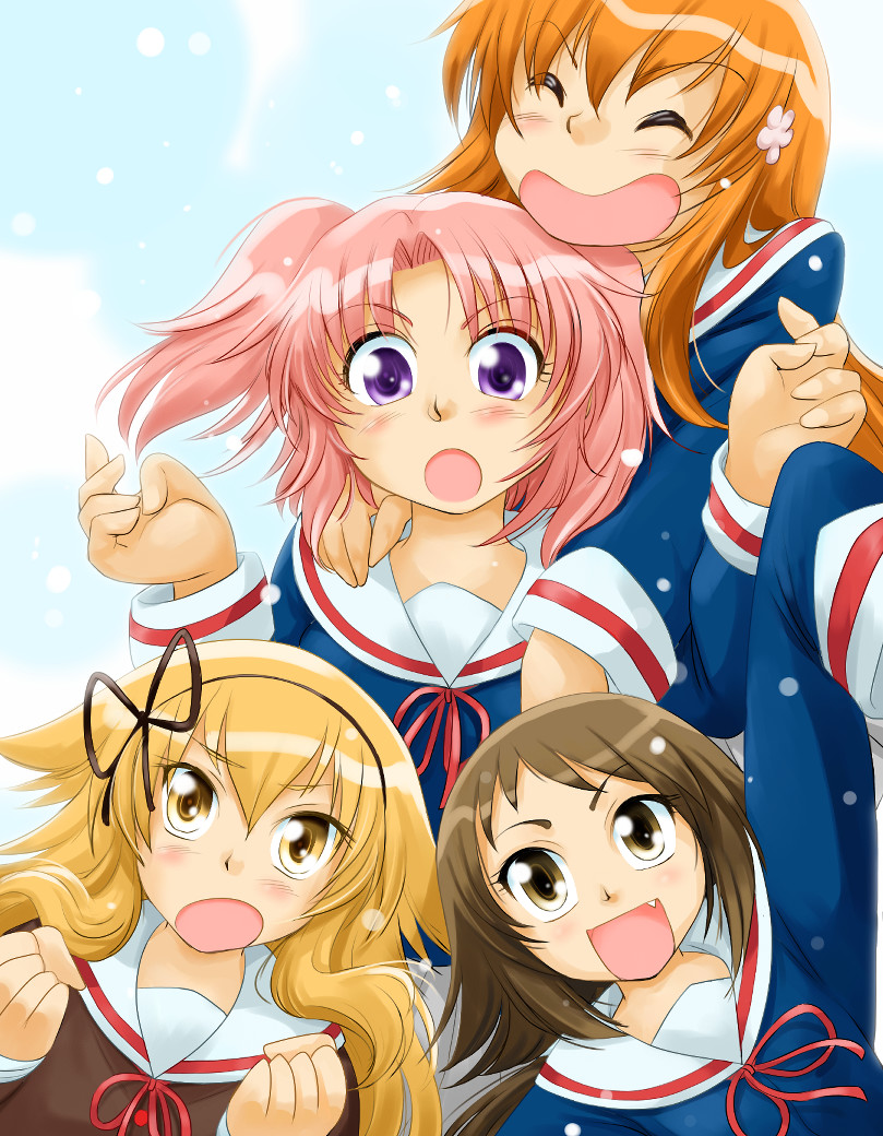 blonde_hair brown_hair fang mikakunin_de_shinkoukei mitsumine_mashiro orange_hair pink_hair ranbu_hararin suetsugi_konoha yonomori_benio yonomori_kobeni