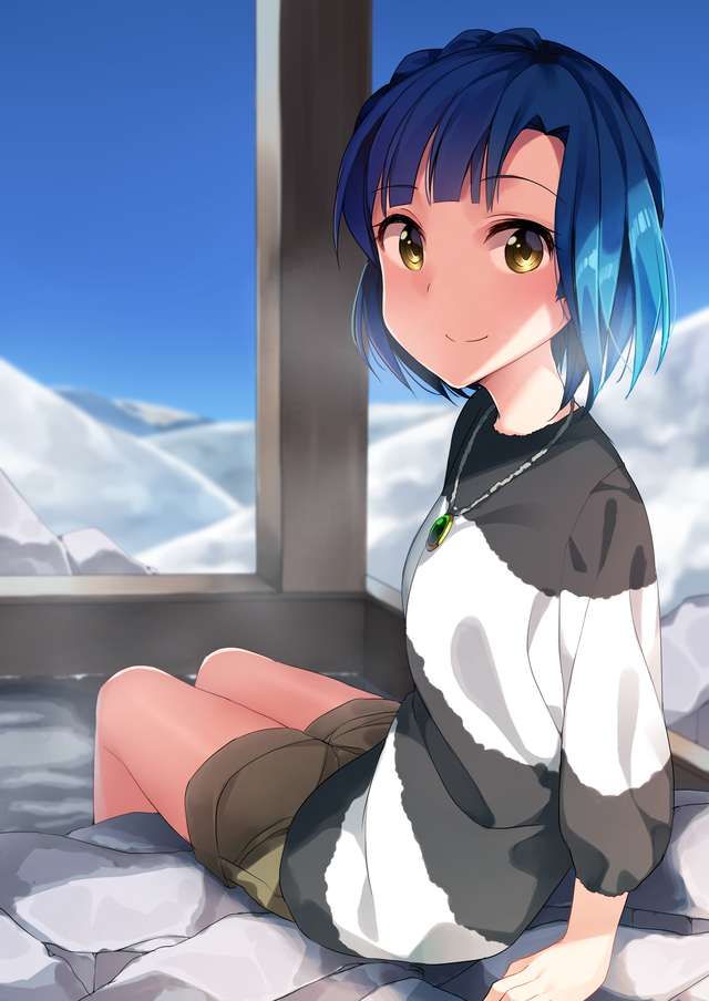 7zu7 blue_hair character_request feet_in_water jewelry necklace sky soaking_feet steam sweater water yellow_eyes