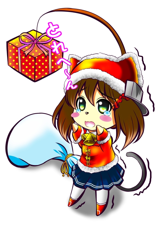 1girl aka_kitsune animal_ears blush_stickers box brown_hair cat_ears cat_tail chibi fishing_rod gift gift_box green_eyes hat kantai_collection kemonomimi_mode open_mouth pleated_skirt ryuujou_(kantai_collection) santa_costume santa_hat skirt solo tail tears translation_request twintails