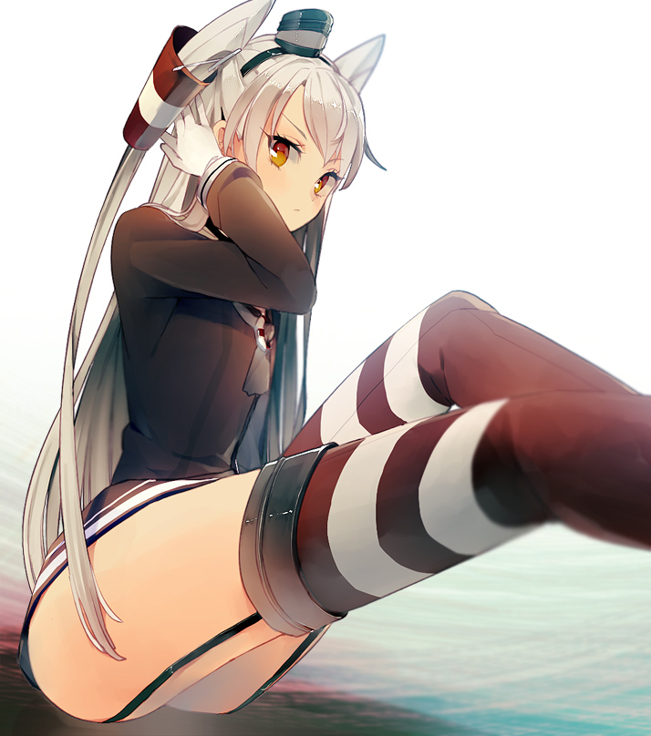 1girl amatsukaze_(kantai_collection) brown_eyes gloves kantai_collection long_hair sayori_(artist) silver_hair sitting twintails uniform