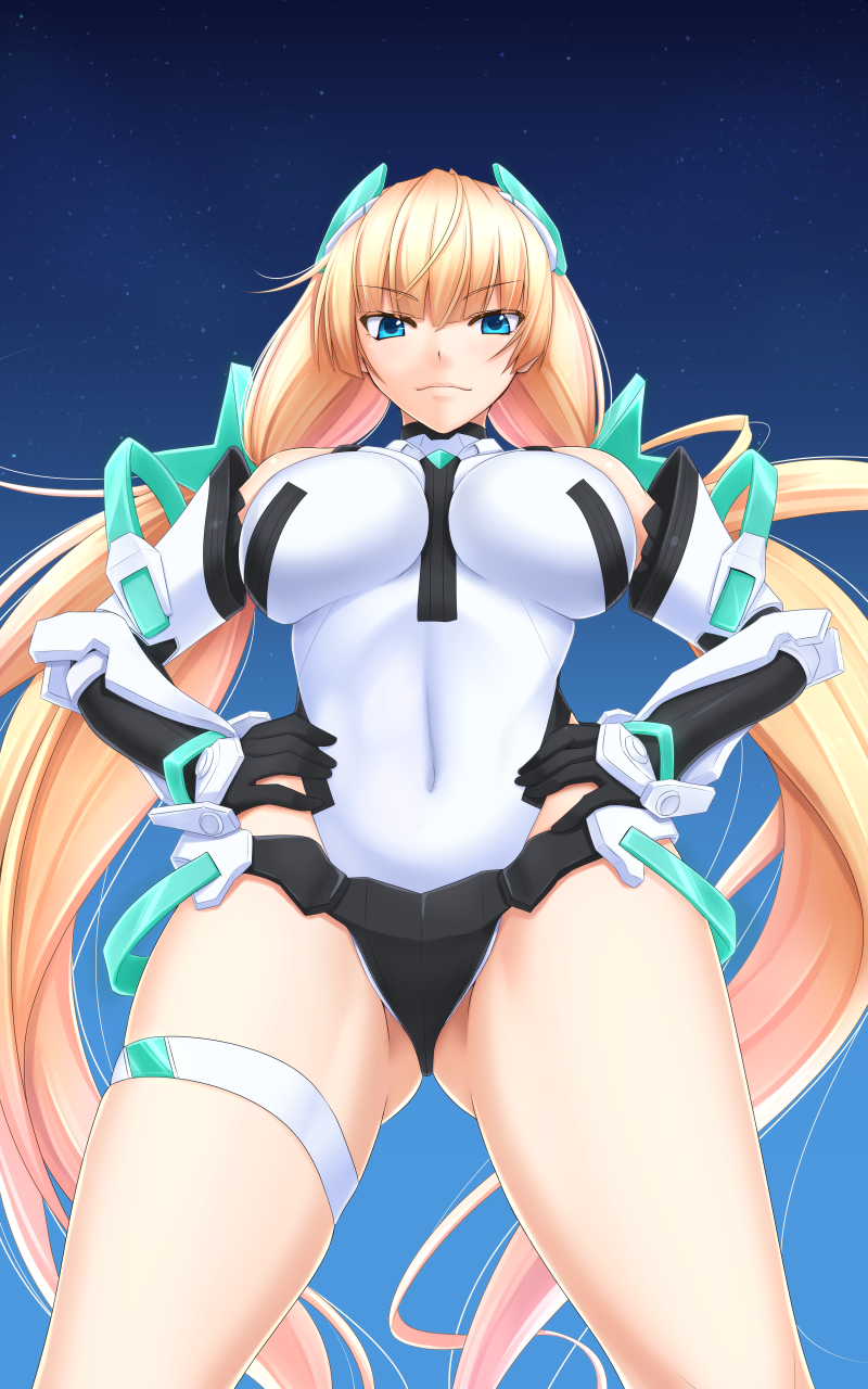 1girl angela_balzac black_gloves blonde_hair blue_eyes breasts detached_sleeves expelled_from_paradise gloves hair_ornament hands_on_hips highres large_breasts leotard long_hair looking_at_viewer shuugetsu_karasu sky solo star_(sky) starry_sky thigh_strap twintails very_long_hair