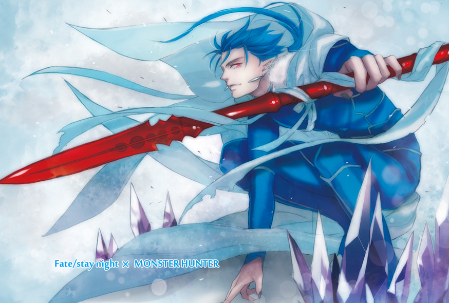 1boy blue_hair cape crossover earrings fate/stay_night fate_(series) gae_bolg jewelry jun_(ash) lancer long_hair monster_hunter polearm red_eyes solo spear weapon